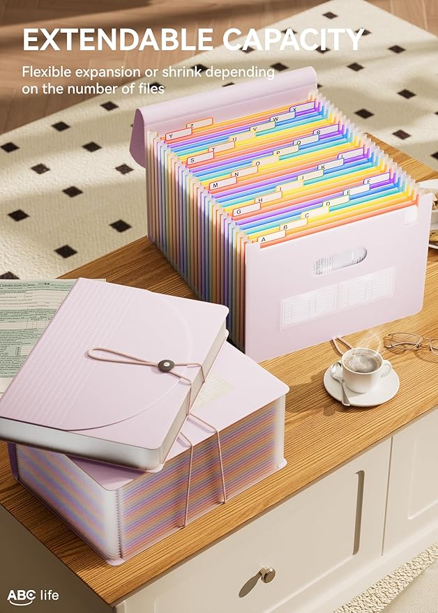 ABC life 26-Pocket Accordion File Organizer, Expanding File Folder, Letter/A4 Size Plastic Monthly Bill & Tax Receipt Holder with A-Z Tabs for Home, Office, Classroom - Pinkish Purple