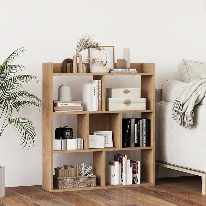 Giantex 7 Cubes Bookshelf, Free-Standing Wooden Bookcase, 4 Tier Home Display Shelf, Horizontal Storage Unit w/Anti-Toppling Devices, Open-Back Display Rack for Study, Living Room (2, Natural)