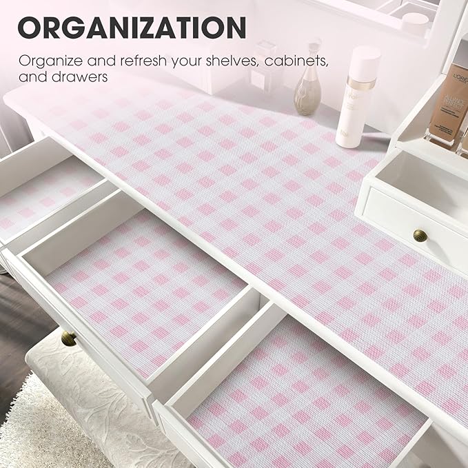 ALIUNI Drawer and Shelf Liner, Non-Slip Kitchen Cabinet Liners Non-Adhesive Thick Strong Grip Waterproof Washable Mats Protect Dresser Shelves Cupboard Bathroom Cabinets, Pink Plaid, 18 in X 10 FT
