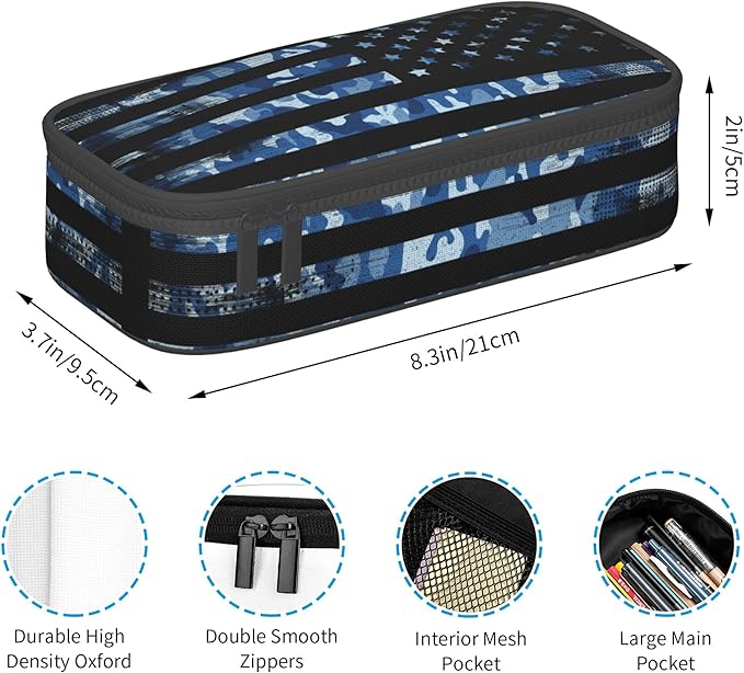 YIJIUWKIS American Flag Style Pencil Case for Kids Adults, Camo Pencil Box for Boys Girls, Blue Pencil Pouch Big Capacity Portable Stationery Storage Desk Pen Bag for School Office