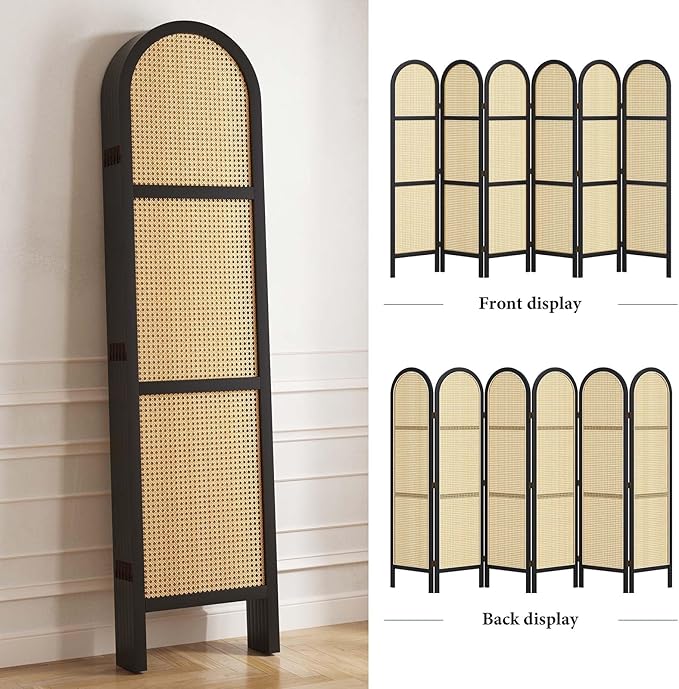 Svimi Room Dividers and Folding Privacy Screens, 5.6 Ft Double Hinged Rattan Partition Freestanding Wall Room Divider for Home - 6 Panels (Black)