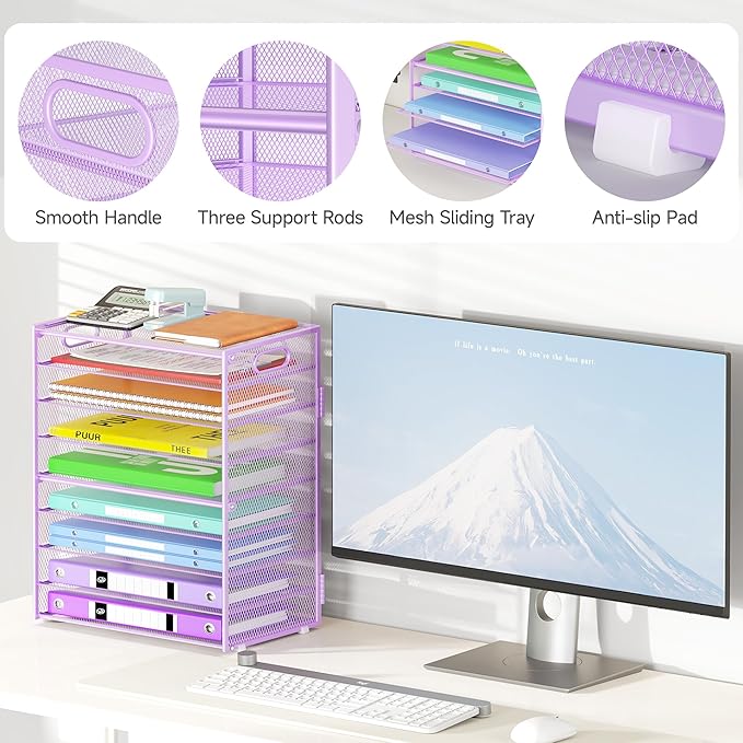 Cawukege 9 Tier Paper Organizer with Handle, Large Capacity Desk Organizer Mesh Paper Letter Tray File Folder Document Sorter for Classroom and Office Accessories Organization- Purple (2 Pack)