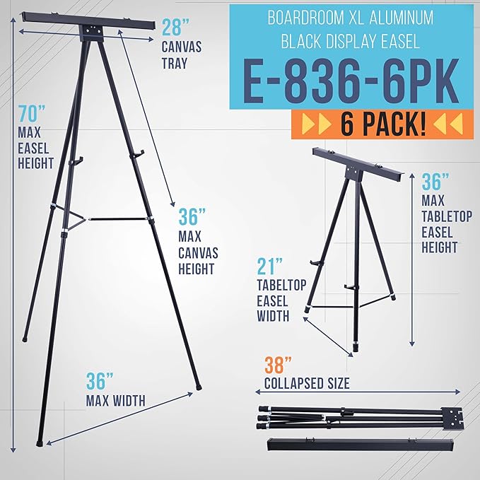U.S. Art Supply 70" High Boardroom XL Black Aluminum Flip Chart Easel & Presentation Stand (6 Pack) - Adjustable Floor/Tabletop, Portable Tripod, Holds 45 lbs, for Chart Paper, Poster Boards, & Pads