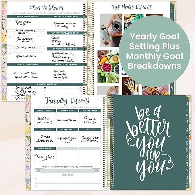 bloom daily planners 2026 Hardcover Calendar Year Goal & Vision Planner (January to December) - Monthly & Weekly Agenda Organizer - 7.5" x 9" - Garden Party, Beige
