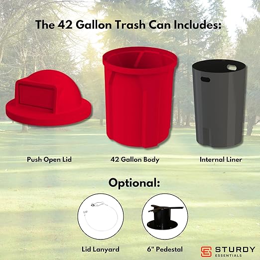 Campus Collection 42 Gallon Circle 100% Recycled Plastic Heavy-Duty Commercial Outdoor or Indoor Trash Can with Push Open Dome Lid and Internal Liner | Great for Schools and Businesses - Red