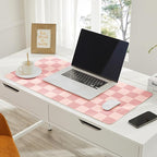 Ohocut Checkered Desk Mat, 31.5" x 15.7" Large Cute Coral Pink Aesthetic Retro Accessories, PU Leather Computer Laptop Desk Mat, Mouse Keyboard Pad, Desk Writing Makeup Mat for Vanity/Work/Home Decor