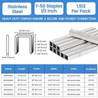 meite T-50 Staple Gun Staples Marine, 1/2 Inch 304 Stainless Steel T-50 Staples, Heavy Duty 20 Gauge 3/8 Inch Crown Upholstery Staple for Marine Applications (10 Packs)