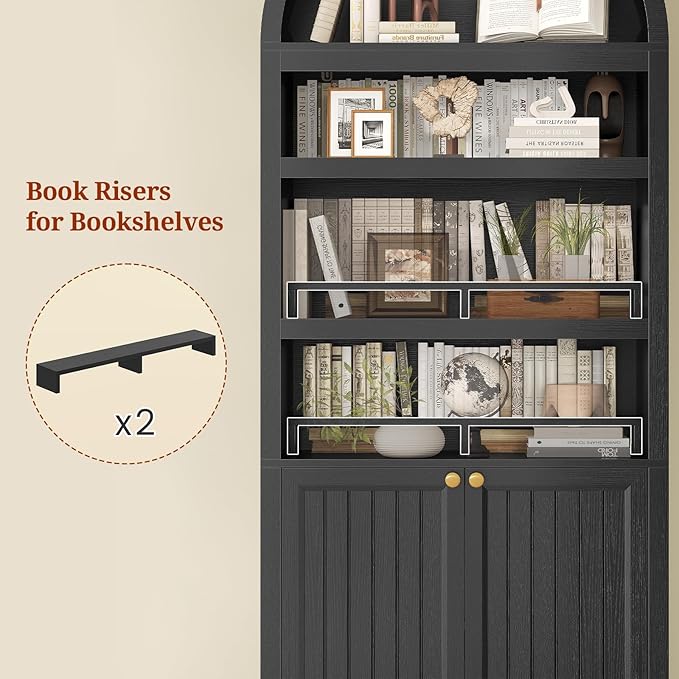 81" Tall Arched Cabinets,Bookcase with storage,Mid-Century Modern 6-Tier Bookshelf with Door,2 Book Risers and Adjustable Shelves offering more storage space for Living Room,Kitchen,Home Office,Black