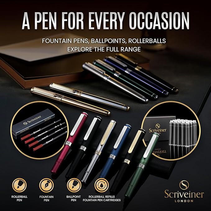 Scriveiner Stainless Steel Fountain Pen - Stunning Luxury Pen with Steel Finish, Schmidt Steel Nib (Medium), Pen Gift Set for Men & Women, Professional, Executive Office, Nice Designer Pens