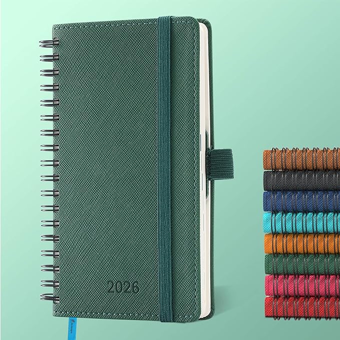 IN-LUXPRO Planner 2026 Daily Weekly and Monthly,6.5"x3.75",12 Months Spiral Bound Calendar Agenda with Self-adhesive Pen Holder,2026 Appointment Book with Vegan Leather Soft Cover,Green