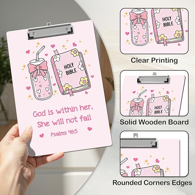 APIILVPQ Pink Clipboard, Bible Verse Clipboards with Low Profile Clip for Office School Use, Christian Wooden Clip Boards for Nurses Teachers Students - B04