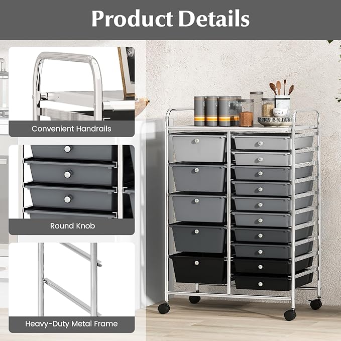 DORTALA 15-Drawer Rolling Storage Cart with Drawers, Rolling Utility Cart w/Removable Drawers & Universal Wheels, Tools Scrapbook Paper Organizer for School, Office, Home, Classroom (Gradient Black)