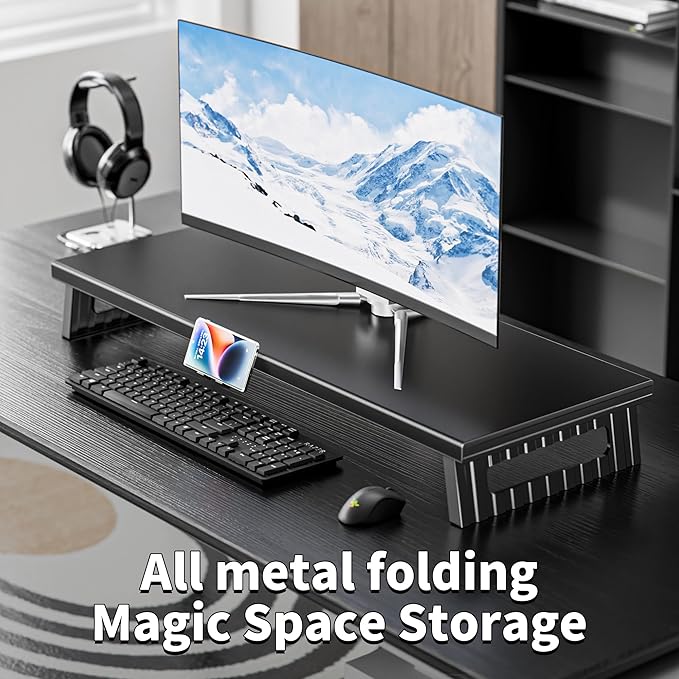 GECKOSTROLL All-Metal Foldable Monitor Stand with 28cm Wide Desktop,, Headphone & Mic Jack, Detachable Phone Holder, (Basic Version, 760mm)