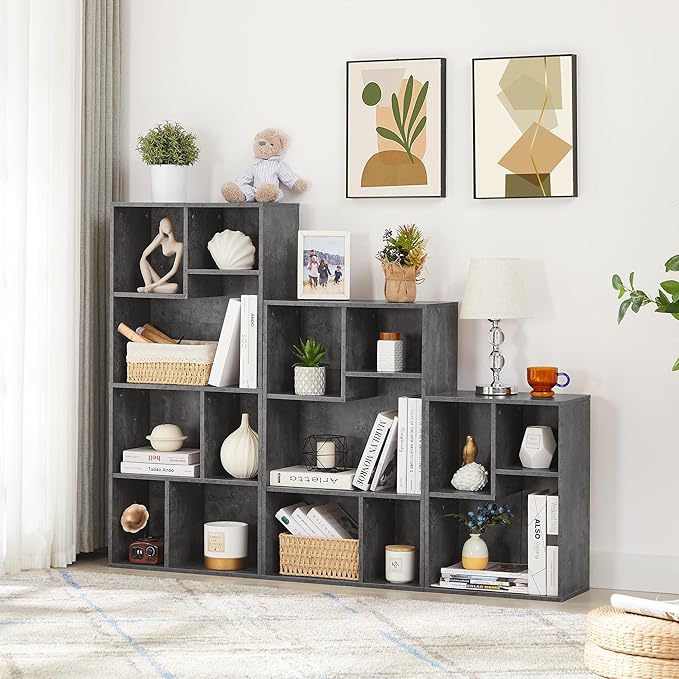 VECELO Wide Bookshelf Set, Fits 9.3" × 10-12.8" Hardcovers, Cube Storage Bookcases, Free-Standing for Living Room, Bedroom, Home Office, 2/3/4-Tier, 3-Pack, Gray