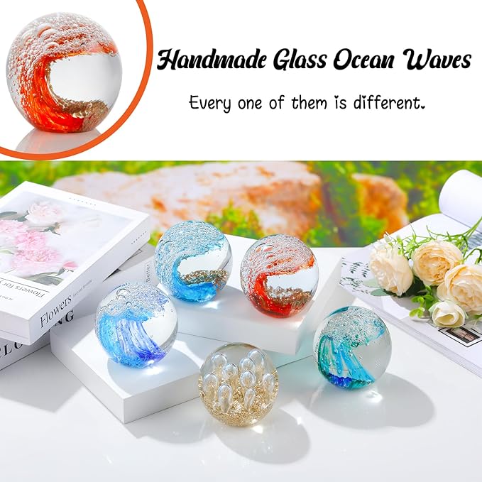Hand Blown Glass Figurines Ball Ocean Waves Paperweight Glass Ball for Ocean Lovers Red with Gold Light and White Bubble Ball Decoration for Home Office and Aquarium