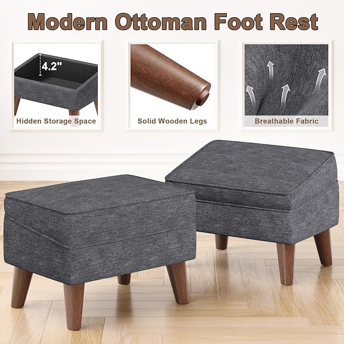 FAGAGA Small Footstool Ottoman with Storage, Ottoman Foot Rest, Modern Foot Stool with Adjustable Lid and Sturdy Wood Legs for Living Room, Bedroom, Couch, Enterway, Light Gray