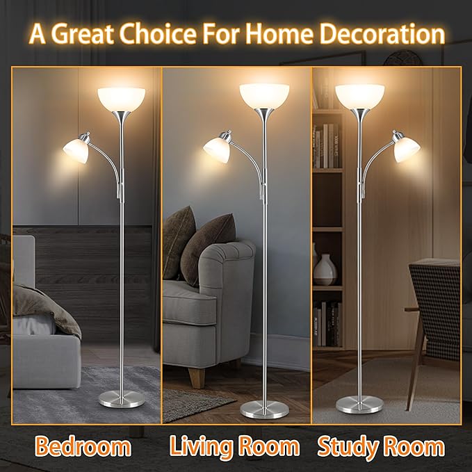 RISLG Floor Lamp, Dimmable Standing lamp, Stepless Dimming Brightness, Included 9W and 5W LED Bulbs, Industrial Floor Lamp for Living Room, Bedroom, Office, Reading