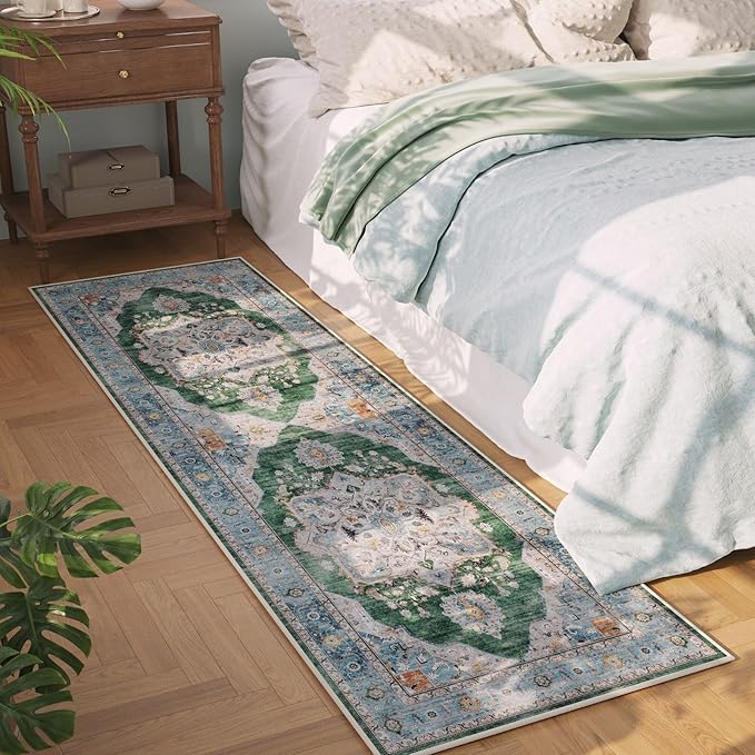 Rugcomf Vintage Medallion Kitchen Rugs Non Slip Washable 2'7"x8' - Low Pile Runner Rug, Boho Carpet for Hallways, Laundry, Bedroom, Bathroom - Green