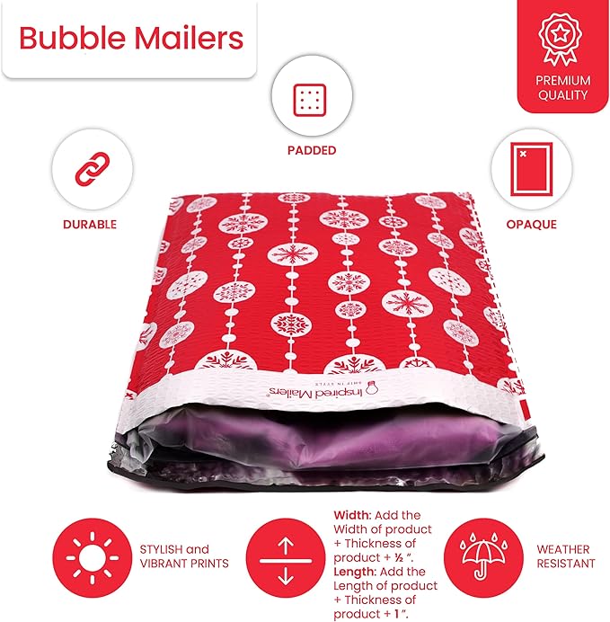 Bubble Mailers 12x15" - Red Snowflake Baubles (Writable Area) - 25 Pack - Large Padded Envelopes 12x15 - Poly Bubble Mailers Padded Mailers - Holiday Bubble Envelopes