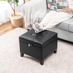 Adeco Storage Ottoman Foot Rest Stool, Leather Ottoman Footstool with Solid Wood Legs and Hinged Lid, 17.7" Small Foot Stool for Living Room, Bedroom