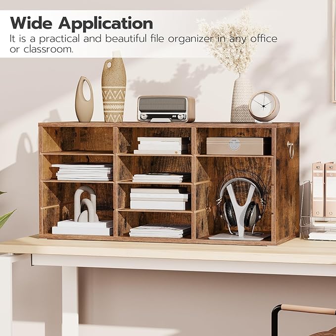 HOOBRO Countertop Mail Sorter Organizer, Wooden Literature Organizer, Student Mailbox for Classroom, Desktop Bill Organizer for Office Home School, 12 Compartments Rustic Brown FG43WF01