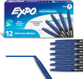 EXPO Wet Erase Markers, Semi-Permanent, Blue, Fine Tip, 12 Count - For Writing on Glass, Whiteboards, Mirrors, Calendar, Labeling, Organizing