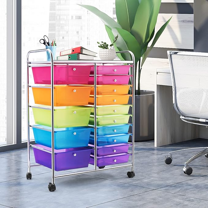 COSTWAY 15 Drawer Rolling Storage Cart, Multipurpose Mobile Storage Organizer w/Removable Drawers & Metal Frame, Utility Tools Paper Organizer on Wheels for Home, Office (Rainbow)