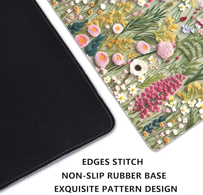Embroidered Flower Wildflower Embroidery 3D Pattern Mouse Pad Desk Pad,Stitched Edges Non-Slip Waterproof Rubber Base Mous Mat for Office,Computer,Keyboard,Laptop and Home Desk Pad(27.5X11.8 in)