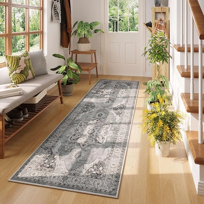 Rugcomf Vintage Medallion Kitchen Rugs Non Slip Washable 2'7"x8' - Low Pile Runner Rug, Boho Carpet for Hallways, Laundry, Bedroom, Bathroom - Grey and White