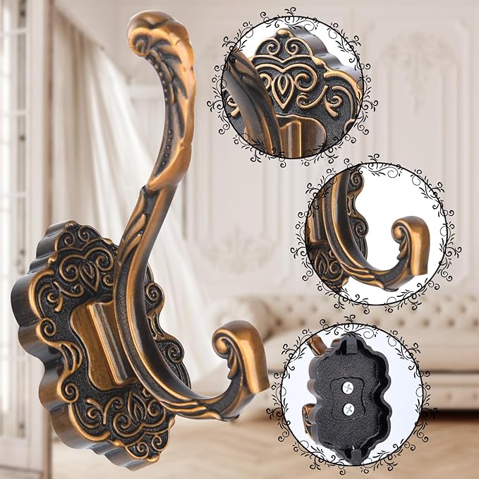 4 Pcs Vintage Coat Hooks Wall Mount, Matte Metal Hat Hooks for Entryway, Cubicle, Mudroom, Bathroom, Heavy Duty Copper Color Decorative Wall Hooks for Towel, Key, Robe, Backpack, Purse, Bag, Clothes