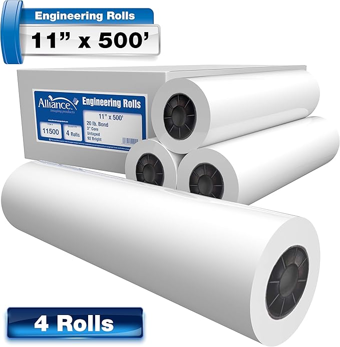 Alliance Wide Format Paper Rolls Bond Engineering (20lb | 4 Rolls, 11 In x 500 Ft | 3" Core)