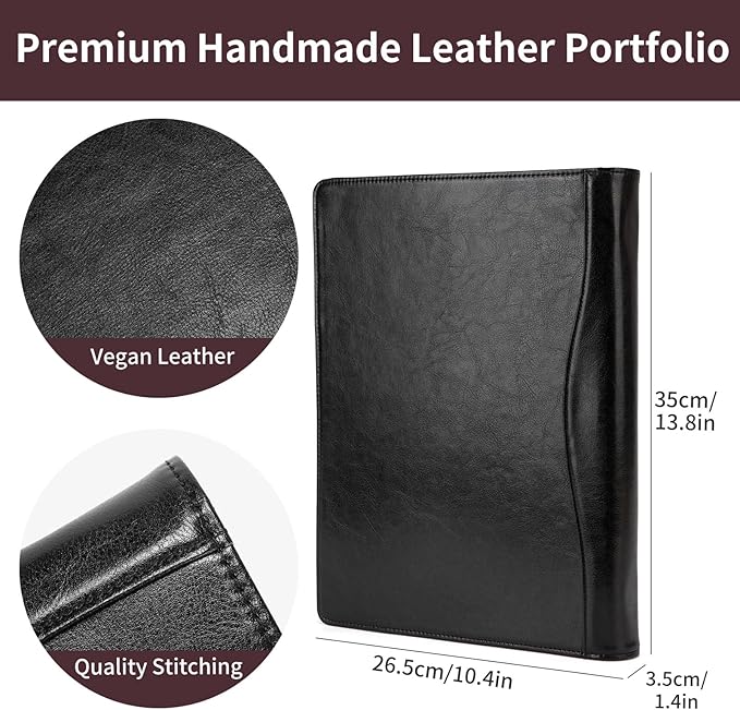 Geslun Personalized Vegan Leather 3 Ring Binder, Custom 8.5 x 11 Letter Size Folio with Pen Holder, Soft Notebook Portfolio Cover, Notepad Padfolio Organizer for Meeting, Black