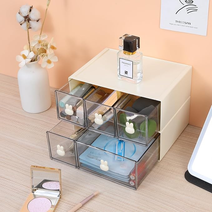 OSteed Desktop Drawers, Desk Organizer with 3 Drawers & Bunny Handles, Stackable Plastic Storage Box for Home Collection, Cosmetics, Office Supplies (1 Tall Layer, Cream & Clear)