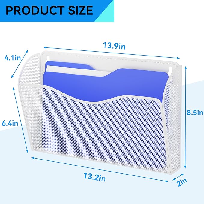 GDINDINFAN 6 Single Pocket Wall File Holder, Mesh Hanging File Folder Paper Organizer, Vertical Wall Mounted Mail Basket, Storage Organization Magazine Rack for Office, Home and School, White