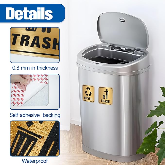2PCS Recycle Stickers for Trash Bins, Self-Adhesive Waterproof Brushed Gold Trash and Recycling Stickers for Trash Can, Kitchen, Office, Garbage Bin Indoor, Outdoor UseS
