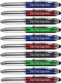 Promotional Pens with Personalized Text or Custom Business Logo- Bulk 150 Pack- for Marketing, Parties, and Events, 3 in 1 LED Flashlight + Ballpoint Pen + Stylus for Touchscreen Devices, Assorted