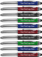 Promotional Pens with Personalized Text or Custom Business Logo- Bulk 150 Pack- for Marketing, Parties, and Events, 3 in 1 LED Flashlight + Ballpoint Pen + Stylus for Touchscreen Devices, Assorted