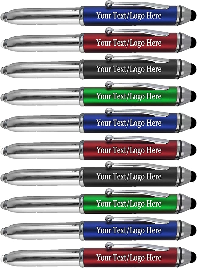 Promotional Pens with Personalized Text or Custom Business Logo- Bulk 150 Pack- for Marketing, Parties, and Events, 3 in 1 LED Flashlight + Ballpoint Pen + Stylus for Touchscreen Devices, Assorted