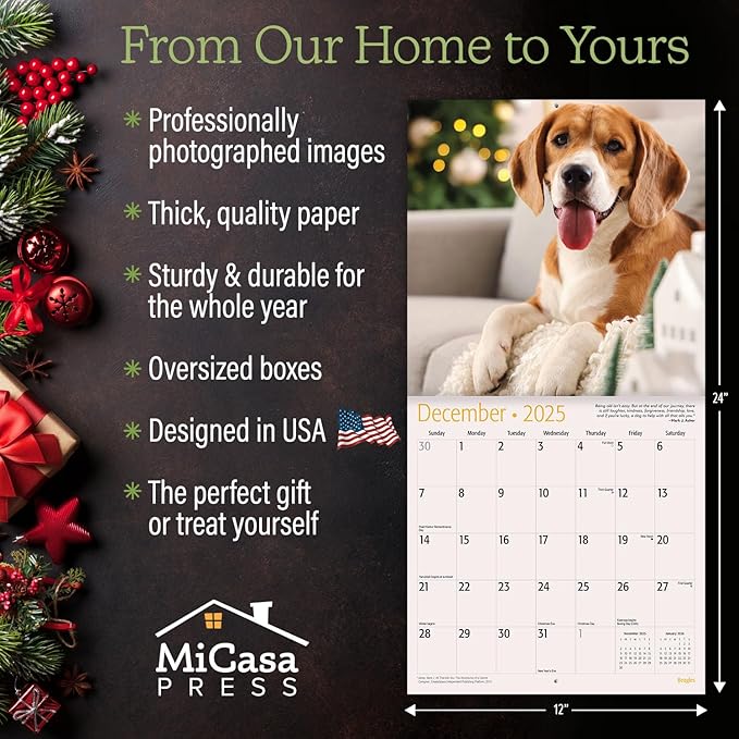 MICASA PRESS - Beagles 2025 Wall Calendar 12 Month | 12" x 24" Open | Thick & Sturdy Paper | Giftable | Dog Calendar 2025