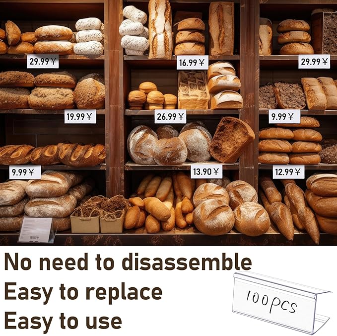 Weysat 100 Pcs Wood Shelf Label Holders Clear Plastic Price Tag 2.4 in L x 1 in H for Bookshelf Shelves, Wood Shelf Sign and Ticket Holder, Clips On to Shelves 3/4" to 1" Thick