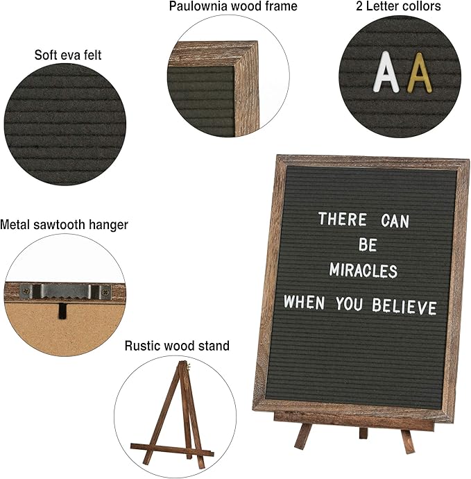 Felt Letter Board with Rustic Vintage Frame and Stand 12x16 inch,Grey Changeable Letter and Message Board Includes 792 Letters, Numbers and Symbols, Hook to Hang, 2 Canvas Bags
