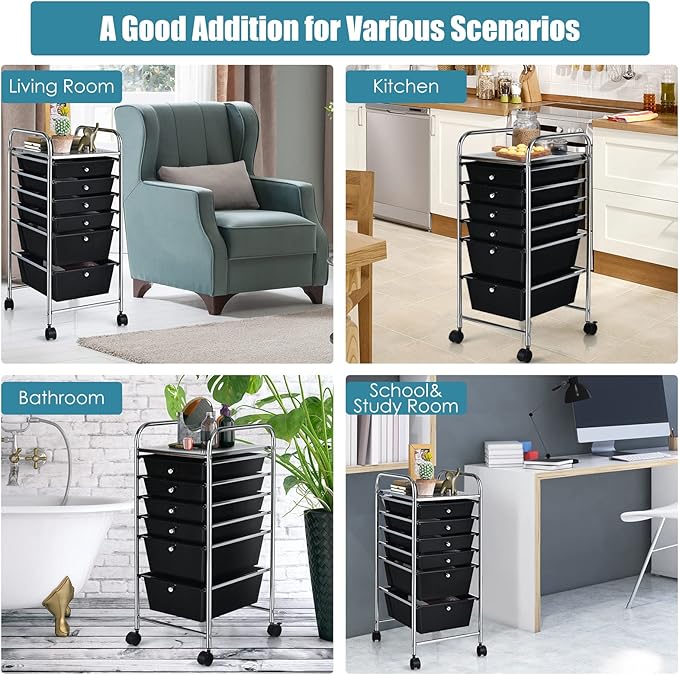 RELAX4LIFE 6-Drawer Rolling Storage Cart - Classroom Organization on Wheels w/Removable Plastic Drawers, Mobile Art Craft Cart for School Paper Home Office, Utility Cart with Drawers (Black)