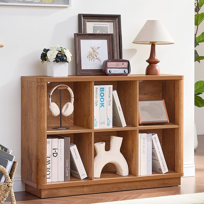 Joaxswe 6 Cube Storage Book Shelf, 40" Wide Low Horizontal Bookcase with Curved Edge, Floor Standing 2-Tier Wooden Bookshelf with Base, Modern Short Book Case for Bedroom, Study, Entryway, Brown