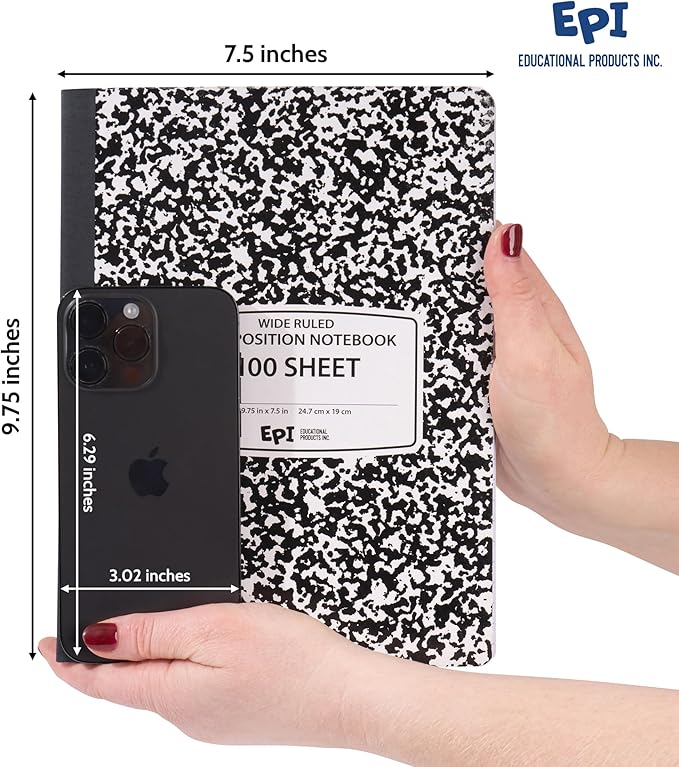 EPI Marble Hardcover Wide Ruled Composition Notebook | 200 Pages (100 Sheets), 9.75 x 7.5 in, Sturdy Sewn Binding | School, Office, Journaling, Notes - 6 Pack