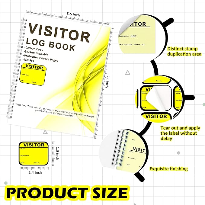 1 Pack Visitor Badges with Carbon Copy Visitor Stickers Letter Size Visitor Log Book Protecting Privacy Pages Register Book Business Guest Name tag for School Clinics Church 450 Badges 60 Memo Pages