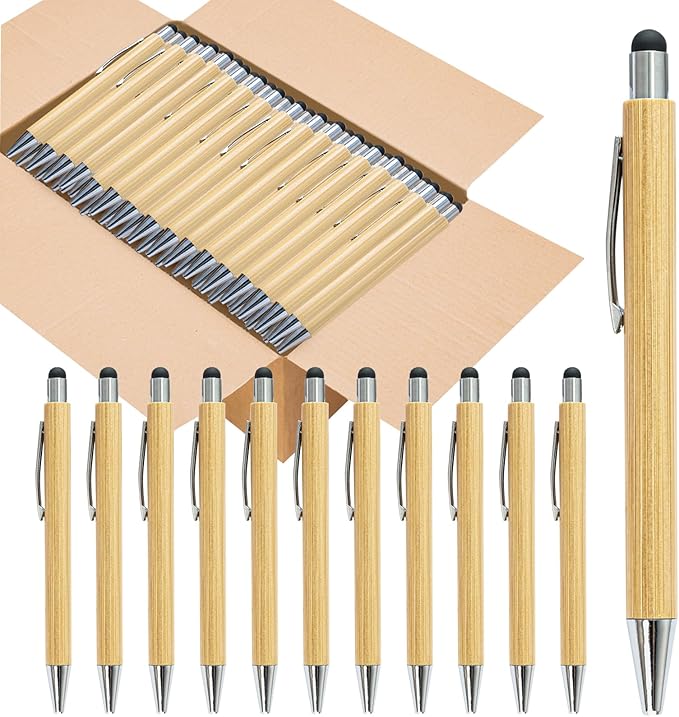 lyforx 250 Pack Bamboo Pens Bulk with Touch Stylus Tip Wooden Bamboo Pens Engraving Wooden Ballpoint Pen Customizable Gift Pen Bulk