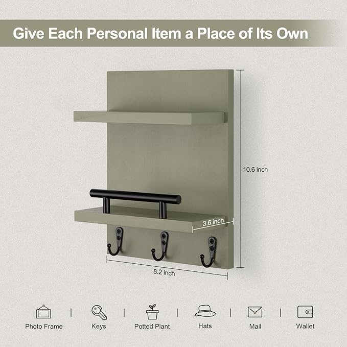 Lucundm Key Holder Wall Mount, Mail Shelf Decor with 3 Key Hooks, Versatile Wood Wall Organizer for Entryway Hallway (8.2” x 10.6”x 3.6”) (Sage Green)
