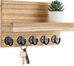 Lwenki Key Holder for Wall, Decorative Key and Mail Holder with Shelf Has Large Key Hooks for Bags, Coats – Paulownia Wood Key Hanger with Mounting Hardware (9.8”W x 6.7”H x 4.2”D) (Burnt Wood)