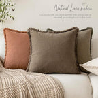 Foindtower Set of 2 Decorative Linen Fringe Throw Pillow Covers Cozy Boho Farmhouse Cushion Cover with Tassels Soft Accent Pillowcase for Couch Sofa Bed Living Room Home Decor, 24×24 Inch, Light Brown