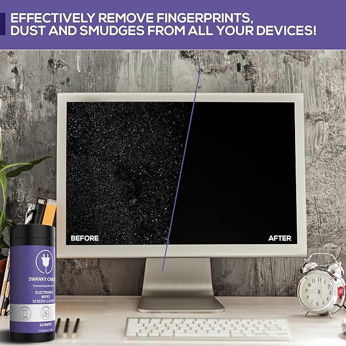 Swanky Cables Screen Cleaner Wipes: Electronic Wipes for Screens - Computer Screen Wipes for Lens, Phone, Tv Screen and Monitor Cleaning - Tech Wipes & Microfiber Cloth (Canister, 200 Count)